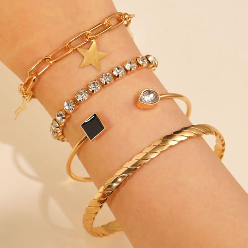 Alegend 14K Gold Plated Stackable Multilayer Bracelets + Titanium Steel(Not Rust, Resist Corruption, Easily Clean) 18K Gold Plated Single Bracelets - color: 14K Gold Crystal, Star & Black Stone
