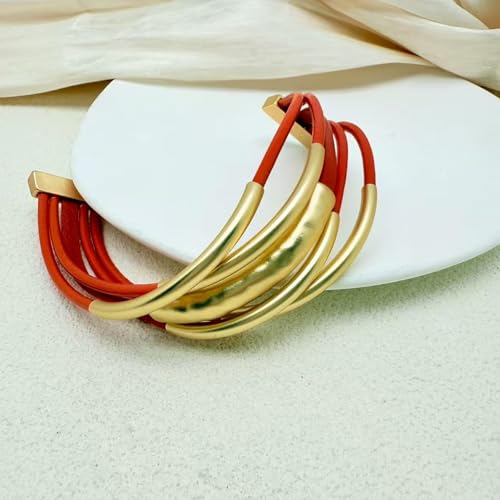 Bracelets for Women Leather Bracelet Multi-Layer Rope Wrap Bangle 14k Gold Plated Cirle Hollow Tube Boho Cuff Bangle Bracelets for Women Gift - style: Tube-Orange Leather Bracelet
