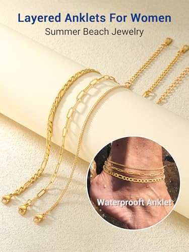 PROSTEEL Ankle Bracelets for Women, Silver/Gold/Black, Waterproof Anklets | Waterproof, Stainless Steel, Summer Beach Jewelry, Durable & No Tarnish, Come with Gift Box, 8-10.5" Adjustable, Plus Size - color: M: gold-3pcs