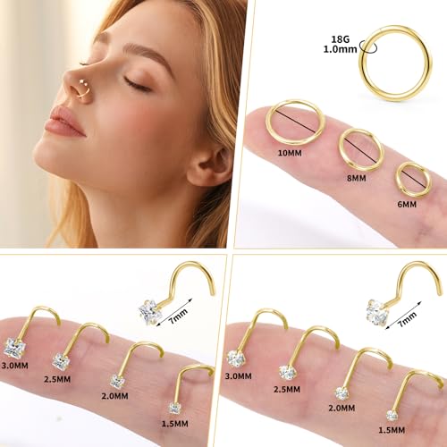 20g Nose Rings Studs and 18g Nose Rings Hoops for Women Men: Hypoallergenic Surgical Stainless Steel Threadless Corkscrew/L Shape/Straight Nose Studs Round Square Simulated Diamond CZ 1.5/2/2.5/3mm Nose Bone Studs Hinged Clicker Segment Nose Hoops Septum