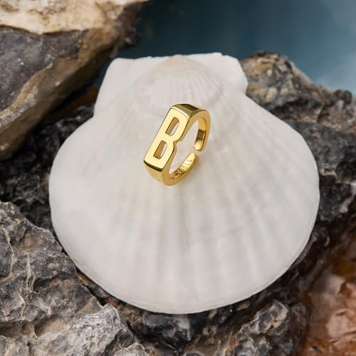 Cicy Bell Initial Rings for Women 18k Gold Plated Adjustable Rings | Open Signet Rings, Bold Letter, Personalized Engraved, For Party - color: Initial-B
