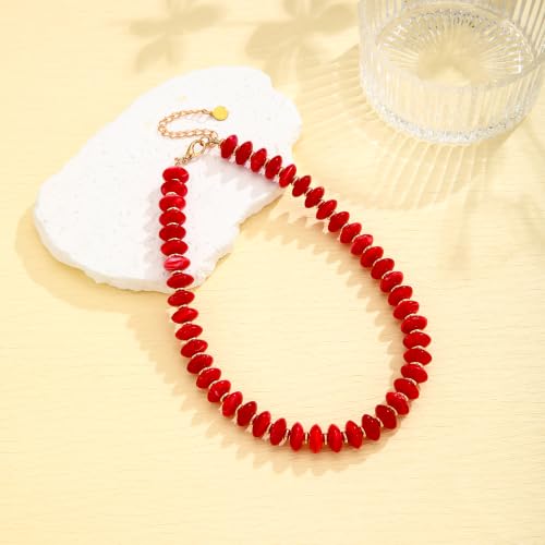 Acrylic Beaded Necklace for Women,Beach Strand Jewelry Gifts | Statement Necklace,Cute Trendy Handmade Jewelry for Women,Chunky Beaded Necklace,Resin Beads Choker - color: Red