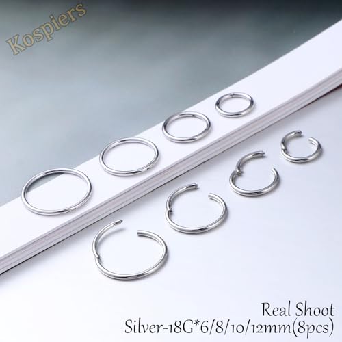 Nose Rings 20G 18G 16G 316L Surgical Steel Hinged Clicker Segment Nose Hoop Helix Cartilage Daith Tragus Sleeper Earrings Body Lip Piercing Jewelry for Women Men 6mm 7mm 8mm 10mm 12mm - style: 01:Silver-18G*6/8/10/12mm(8pcs)