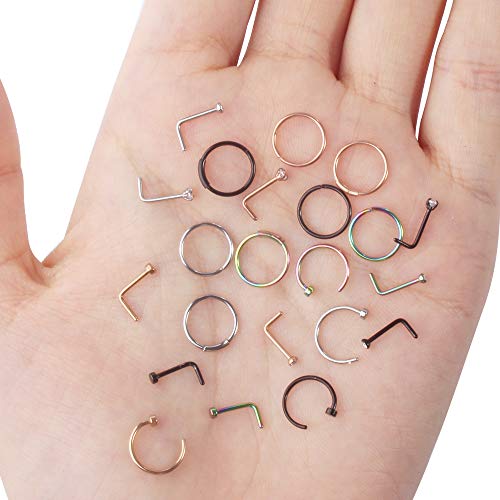 27-60 Pcs Nose Rings for Women Nose Piercing Jewelry Silver Nose Rings Studs 20G Surgical Nose Rings Hoops Nose Rings L Shaped Studs Screw Stainless Steel Nose Piercings for Women Men - color: Mixcolor E