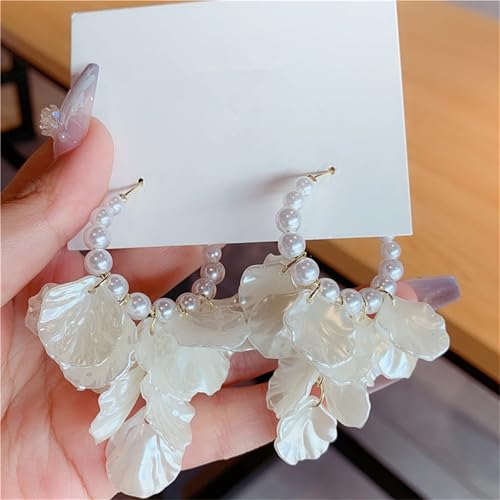 Seashell Pearl Stud Earrings for Women Ocean Sea Theme Sweet Double Layer Acrylic Shell Lightweight Dangle Drop Earrings for Summer Beach Holiday Halloween Party Jewelry Accessories - color: Pearl hoop earrings