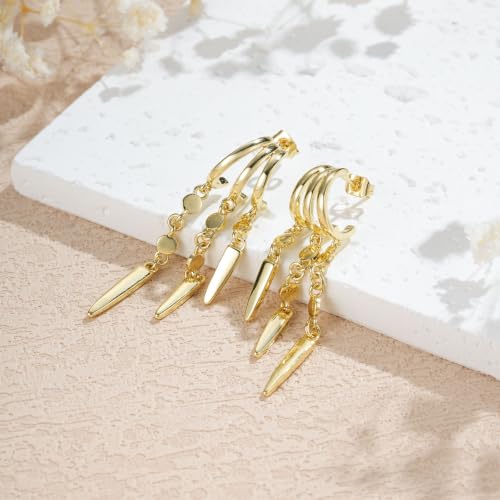 14K Gold Plated Dangle Earrings for Women, Dainty Hoop Huggie Studs, Long Hanging Tassel Chain Multi Pierced Ear Stacking Jewelry Gifts - color: Dangle-Gold