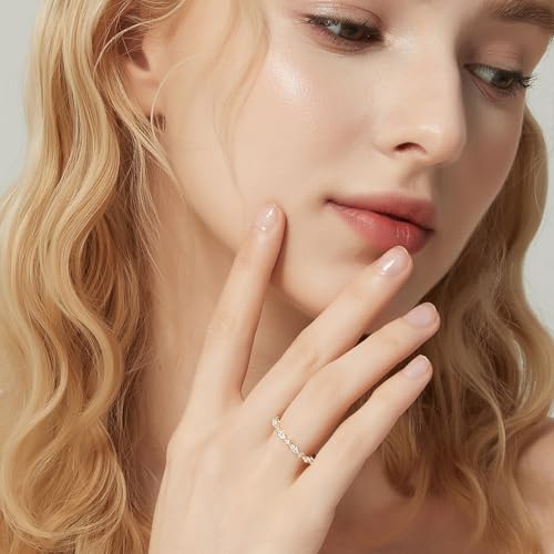 SHINYSO 14K Gold Plated Wedding Band for Women Thin Stacking Ring Half Cubic Zirconia Eternity Engagement Ring Size 4-10 - color: gold