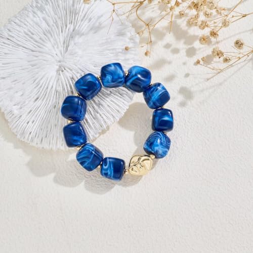 Bead Bracelet for Women Vibrant Color Resin Beads Bracelets Elastic Stretch Chunky Bracelet Boho Summer Beach Vacation Jewelry - color: Royal Blue