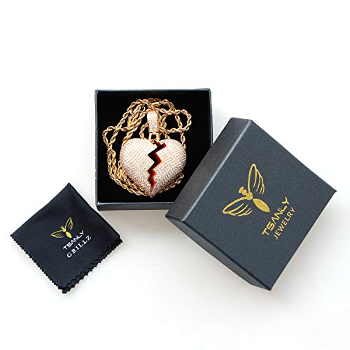 Broken Heart Pendant Necklace Hip Hop CZ Fully Iced Out Bling CZ Diamond 24K White Gold Plated with 24" Stainless Rope Chain - color: Gold