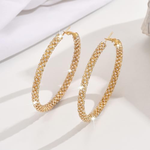 Large Gold Rhinestone Hoop Earrings Silver Sparkly Big Hoop Earrings for Women Black Earring Bling Chunky Silver Hoops 60mm Trendy Statement Earring for Women Bling Hoop for Prom Wedding Party Chunky Jewelry - style: Gold-Plated Hoops 60mm