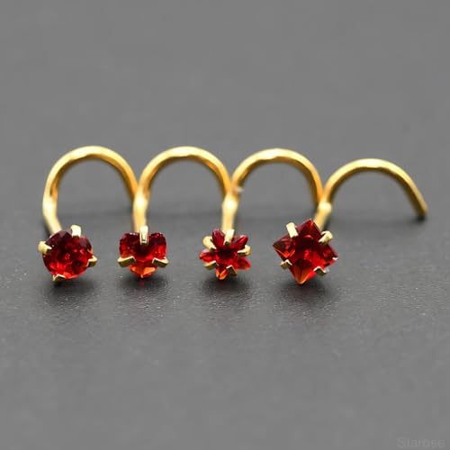 8 Pcs-Pack, Crystal Nose Studs, 20G Stainless Steel, 3mm Zircon, Multiple Shapes Zircon Labret Nose Piercing Ear Jewelry - color: Red