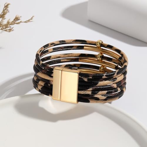 Colorful Leather Wrap Bracelets for Women Boho Handmade Multilayer Leopard Print Cuff Bangle Circle Charm Bracelets Bohemian Party Holiday Jewelry - color: Color 1