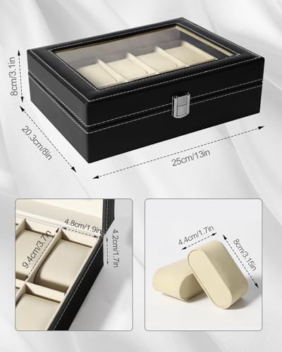 Uten Watch Box, 10 Slots Watch Case, Watch Box Organizer Jewelry Storage with Large Glass Lid, Watch Display Case, Watch Box for Men & Women | Black Watch Cases for Men and Women, removable Pillow, Velvety Inner Lining, Gifs for Graduation, Thanksgiving,