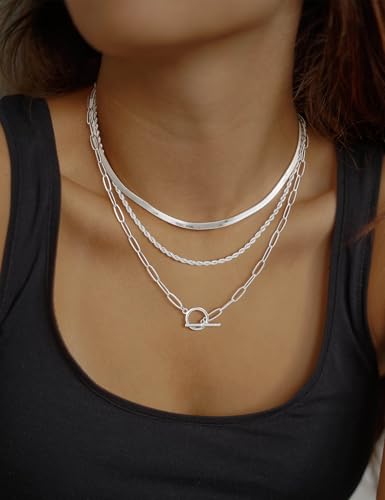 Layered Toggle Necklace for Women, 3-Chain Stack | Gold/Silver-plated necklace set with paperclip, rope, and herringbone chains plus a toggle clasp for daily wear and parties - color: Silver