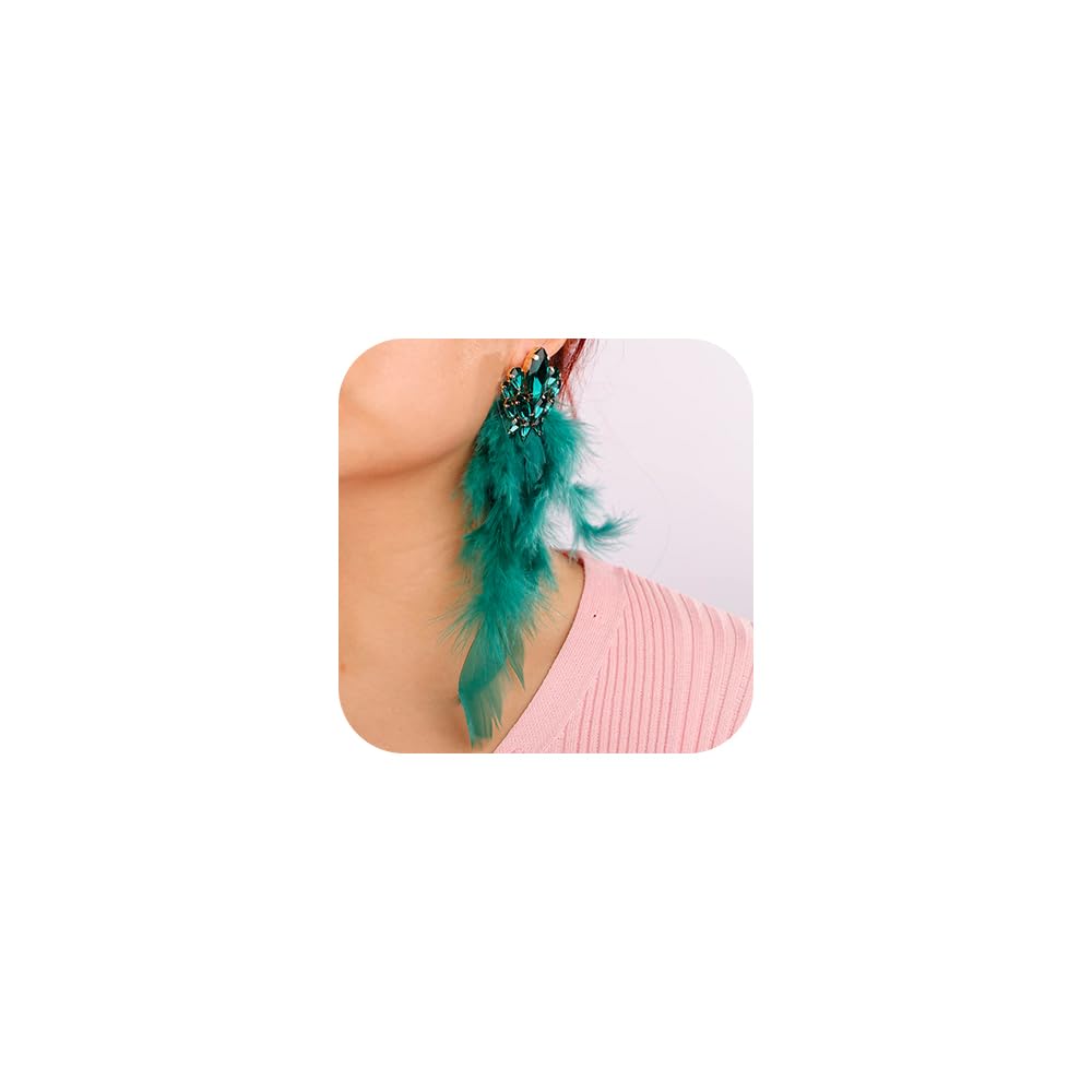 Denifery Long Feather Earrings Bohemian Earrings Multicolor Tassel Handmade Feather Earrings Dangling Earrings for Women (Green) - color: Green