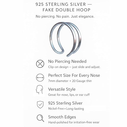 Fake Double Hoop Helix Piercing Ear Cuff - 14K Gold Filled, 925 Sterling Silver, Black Silver Ear Cuffs - Faux Helix Hoop Earring - Clip On Fake Piercing Jewelry - Ear Cuffs Non Piercing - color: 925 Silver