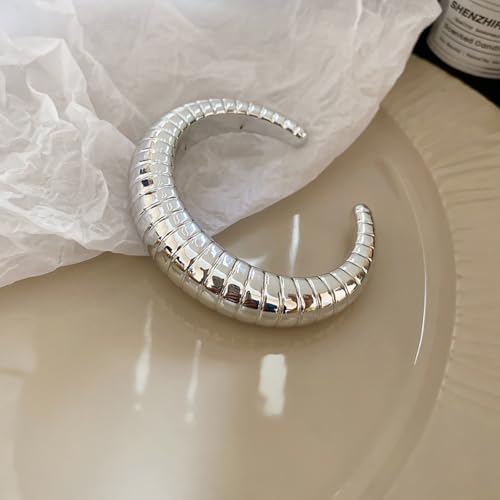 Chunky Geometric Textured Open Cuff Bangle Bracelet for Women Men Trendy Hammered Statement Cuff Bracelet Spiraled Oval Charm Cuff Bracelet Jewelry Gifts - color: Silver