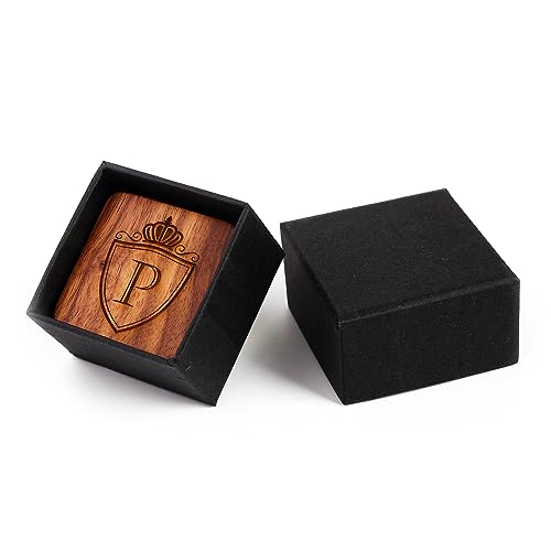 Mens Initial Silver Cufflinks A-Z Alphabet Letter Steel Cuff Links with Engraved Walnut Wood Box Groom Groomsman Wedding Set… - style: P