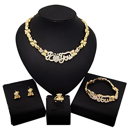 African Necklace Set Hugs and Kisses Gold Jewelry Sets For Women 18k Gold/Silver Filled LOVE Necklaces Jewelry Sets Wedding Jewelry Necklace Earrings Bracelet Ring Gifts - color: Gold