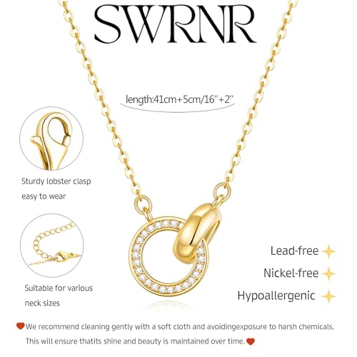 Gold Necklace for Women, Dainty 14K Gold Plated Pendant Necklaces for Women Trendy Simple Choker Chain Cubic Zirconia Circle/Interlocking/Sun/Pearl Necklace Fashion Jewelry Charm Gifts - color: CZ Smooth Double Circle