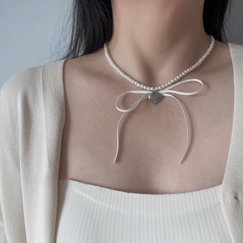 Pearl Ribbon Bow Choker Necklaces Y2k Coquette Necklace for Women - color: White