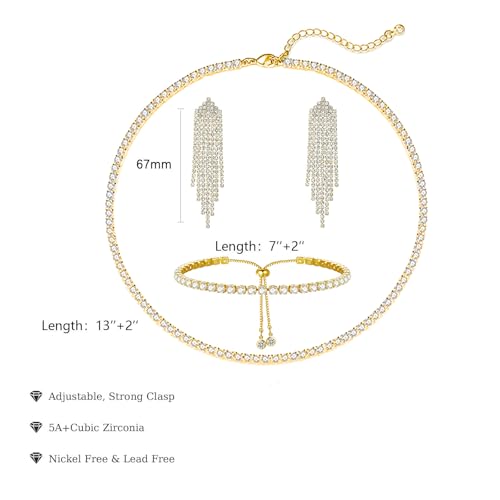 HAXIYA Tennis Necklace Bracelet for Women, Sterling Sliver Jewelry Set, Silver/Gold Chocker Necklace, Crystal Bracelet for Women, Wedding Jewelry for Bride, Sparkly Party Prom Hypoallergenic - color: Tassle Set of 3 - Gold