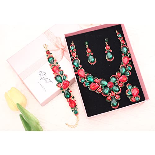 Women's Wedding Bridal Austrian Crystal Glass Teardrop Statement Necklace Dangle Earrings Bracelet Ring Wedding Party Jewelry Set for Bridal Bridesmaid - color: Multicolor-Gold Plated