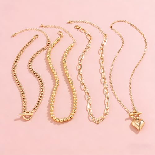 Chunky Layered Necklaces for Women, Stackable Paperclip Chain Necklace Set with Coin & Heart Pendants, Trendy Statement Jewelry for Everyday Wear and Gift Giving - color: Gold
