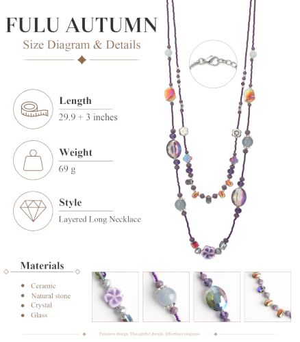 FULU AUTUMN Long Layered Beaded Necklaces for Women Statement Double Bead Strand Ceramic Flower Boho Jewelry Gifts for Mom - color: Purple