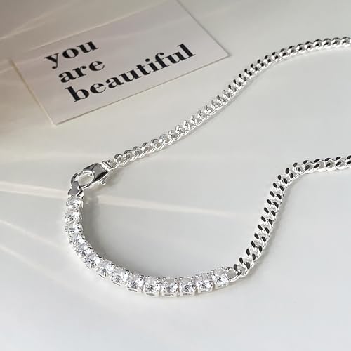 IMBOS 14K Gold Plated Chunky Chain Choker Necklaces for Women Chunky Gold Necklace Tennis Necklace for Women CZ Love Chain Cuban Link Choker Jewelry Gifts - color: Silver-Chunky Tennis