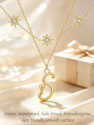 14K Gold A-Z Initial Lette Necklace Star Choker Women Necklace | Personalized Initial Jewelry, Meaningful Name Letter Gift for Women Wife Mom Friend, Perfect Present For Birthday/Anniversary - style: 14K Gold-S