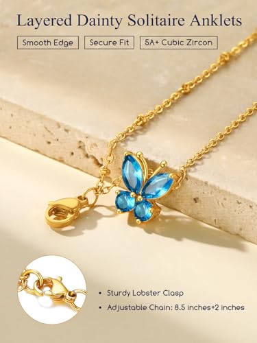 Suplight Gold Plated Butterfly Anklets for Women Waterproof, Layered Boho Ankle Bracelet with Birthstone, Stainless Steel Adjustable Non-Tarnish Heart Foot Jewelry Beach Vacation - color: 03. Butterfly-Mar. Aquamarine