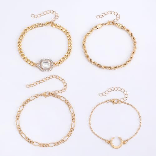 Alegend 14K Gold Plated Stackable Multilayer Bracelets + Titanium Steel(Not Rust, Resist Corruption, Easily Clean) 18K Gold Plated Single Bracelets - color: 14K Gold Plated Four-Layered