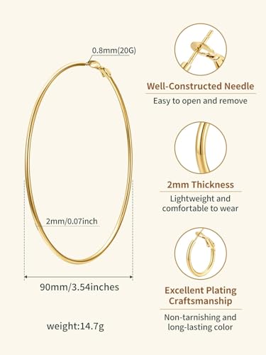 FindChic Thin Hoop Earrings for Women,Silver/Black/Gold Plated 20-100mm - color: Gold, size: 90mm
