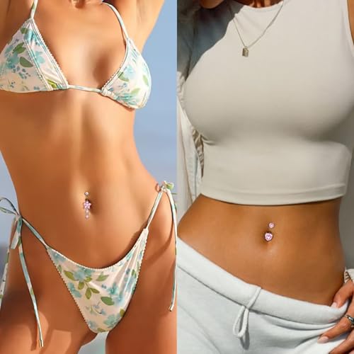 9PCS Belly Button Ring Dangle Stainless Steel Belly Rings 14G 1.6MM Belly Piercing Cute Navel Ring Piercing Jewelry Belly Ring for Women - color: 9PC Pink Set