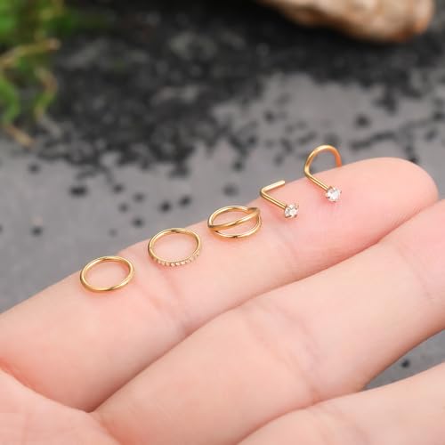 Xpircn 5pcs Hoop Nose Rings and L Shaped Nose Rings Stud Set 18G/20G Stainless Steel CZ Helix Conch Daith Tragus Cartilage Hoop Earrings for Women 6mm 7mm 8mm 10mm - color: Gold, size: 20G, 6mm hoop & 7mm studs