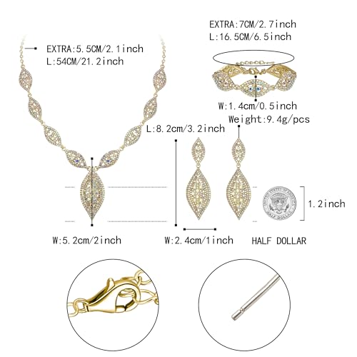 Flyonce Wedding Jewelry Set Rhinestone Crystal Bridal Leaf Necklace Drop Dangle Chandelier Earrings Sets for Women - color: Iridescent Clear AB Gold-Tone