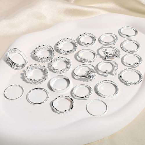 CHICUTIE Gold Knuckle Rings Set For Women Stackable Joint Finger Midi Rings Dainty Cubic Crystal Zirconia Simple Hollow Twist Cute Rings Pack Jewelry Gift - style: 43pcs Silver