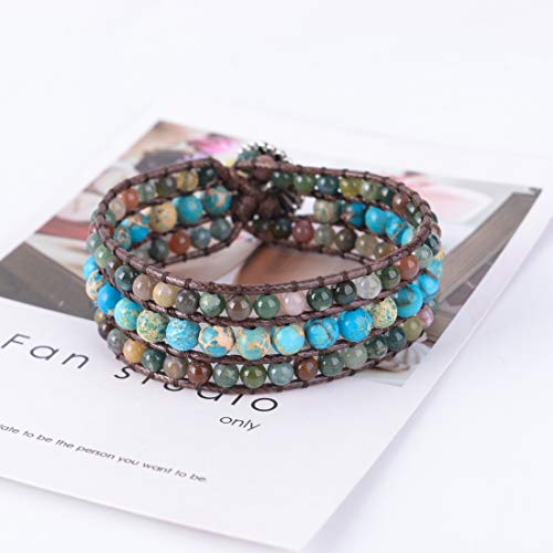 YGLINE Boho Handmade Natural Stone Bead 3 Row Wide Wrap Wrist Statment Bracelet Jewelry Collection - color: agate