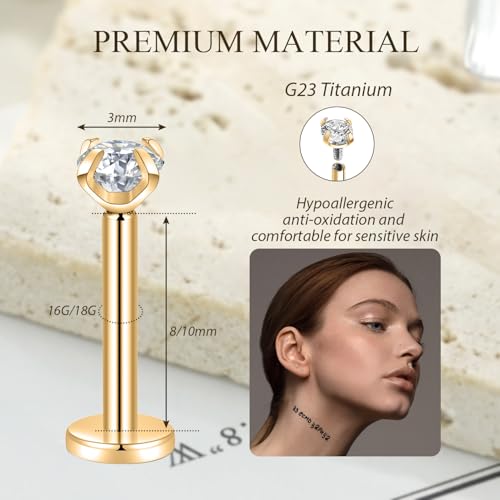 GAGABODY G23 Titanium 16G 6/8/10mm Clear CZ/Opal Internally Threaded Labret Monroe Lip Studs 6mm Helix Cartilage Tragus Earring Piercing - color: 16G-2Pcs-Gold-Length:8mm CZ:4mm