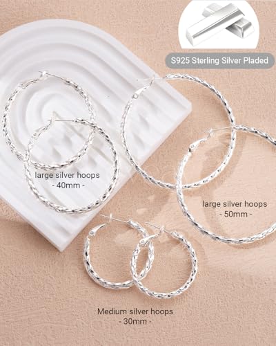 925 Sterling Silver Post Hoop Earrings Lightweight Twisted Hoop Earrings for Women Hypoallergenic Large Hoop Earrings 30/40/50MM - color: Silver, size: 30MM