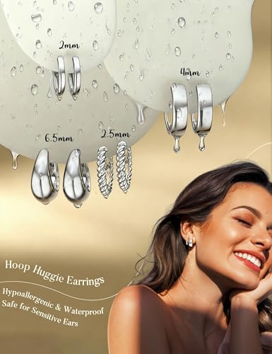 Jstyle Small Hoop Earrings for Women, Gold Silver Earring Stack | 4Pcs Huggie Hoop Earrings Set, Non Tarnish, Chunky Cartilage Earring, Piercing Jewelry, Comfortable Daily Wear - color: Silver Plated