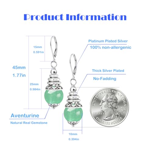 Natural 10mm Stone Beads Drop Earrings,Retro Silver Round Quartz Crystal Gemstone Beads Dangle Earrings for Women - color: A06_Aventurine