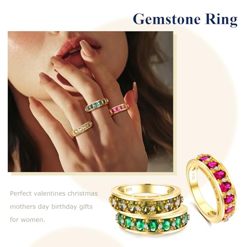 Amethyst Emerald Ruby Sapphire Wedding Band Anniversary Women Rings | 925 Sterling Silve|Hypoallergenic|Standard Size|Ruby|Sapphire|Emerald|Wedding Anniversary Jewelry|Genstone Ring|Holiday Gifts - color: Emerald & Gold