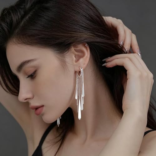 Silver Long Tassel Dangle Earrings for Women, Statement Silver Drop Hoop Earrings, Shiny Silver Dangle Earrings for Daily Wear, Parties & Special Occasions