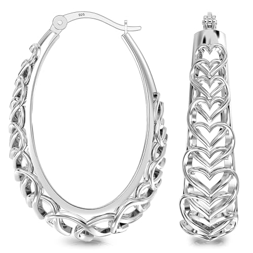 LeCalla 925 Sterling Silver Hoop Earrings | Women's Filigree Hoop Earrings | Openwork Mesh Filigree Cut Earring | Lightweight & Hypoallergenic Vintage Hoop Earrings for Women - style: Silver / Oval Heart Filigree
