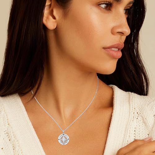 Compass Necklace Sterling Silver Nautical Graduation Gift | 925 Sterling Silver compass pendant with meaningful nautical design, jewelry for women, graduation and travel gift - color: Clear