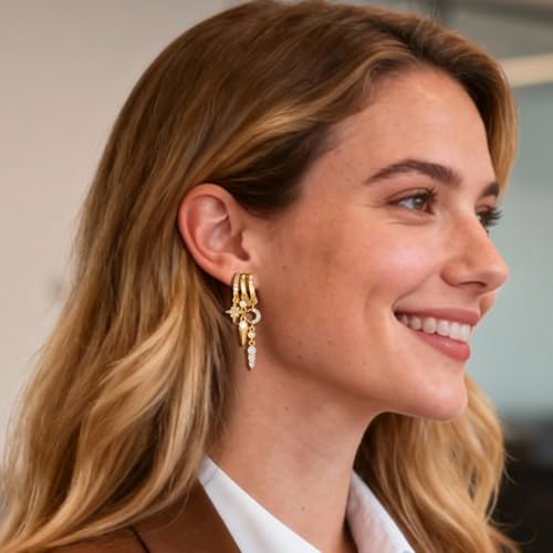 Clip On Earrings for Women Chain Moon Star Cross Hoop Dangle Earring No-Pierced Gold Silver - color: Moon,Gold tone