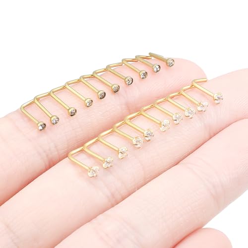 20Pcs Nose Rings Studs Surgical Steel L-Shape Nose Rings for Women 1.5mm 2mm Cubic Zirconia Nose Screw Studs Hypoallergenic Nose Piercings Jewelry 24g 22g 20g 18g - color: L-shape,goldtone, size: 20g,2mm CZ