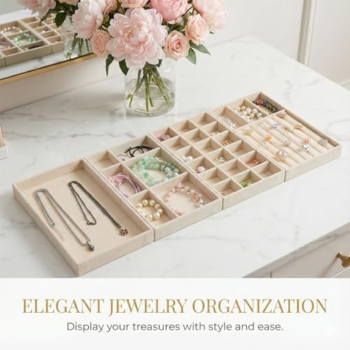 Set of 8 Velvet Jewelry Trays, Stackable Jewelry Organizer | Jewelry Drawer Inserts Divided Display Trays for Earring, Necklace, Ring, Bracelet (4 Styles, Beige)